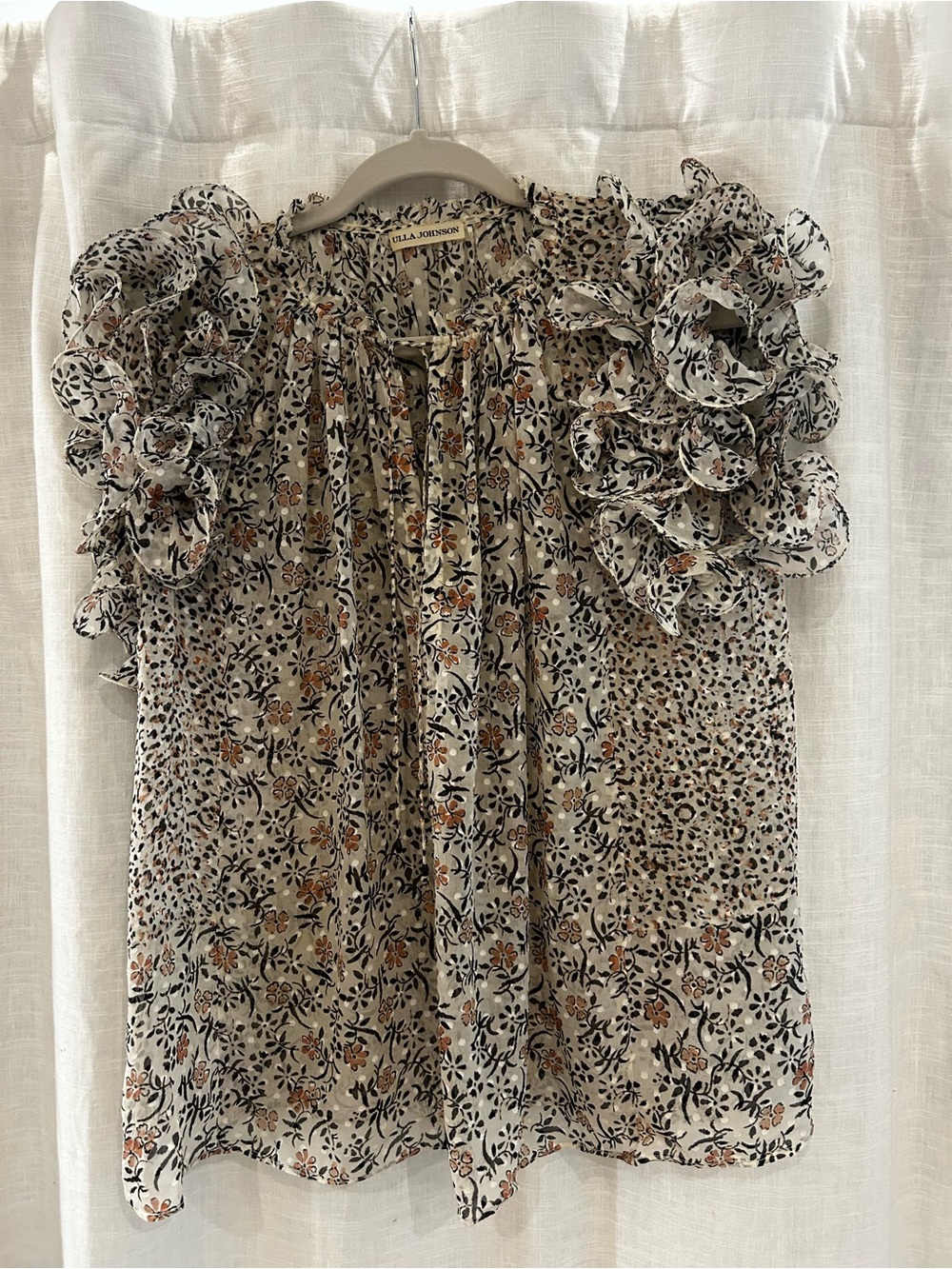 Ulla Johnson Cream Floral Ruffle-Sleeve Blouse